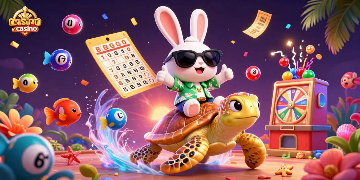 Experience a dynamic casino scene with colorful lottery elements and a lucky rabbit for gaming fun.
