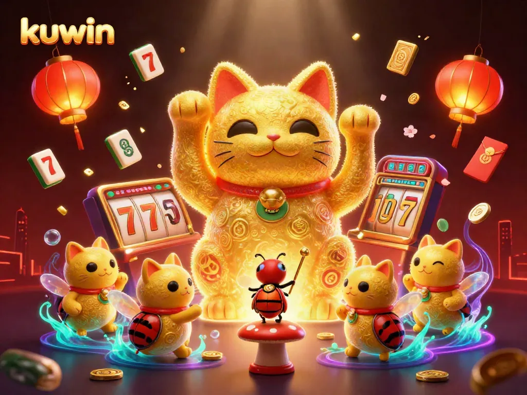 Engage with kuwin's exciting gaming scene featuring a vibrant lucky cat surrounded by dynamic casino symbols.
