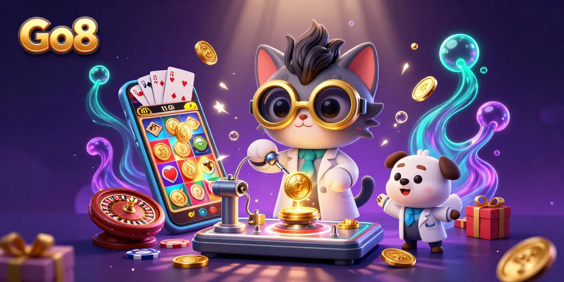 Go8's mad scientist cat creates riches in a vibrant casino-filled scene with golden coins and games.