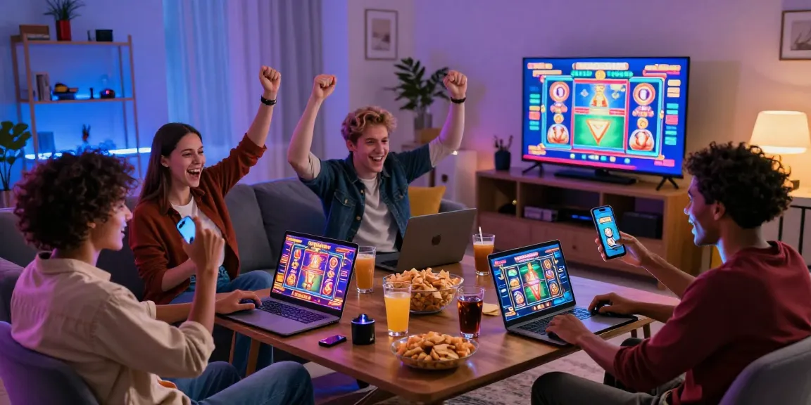Exciting group playing online slot games in vibrant living room setting, showcasing diverse gaming experience.