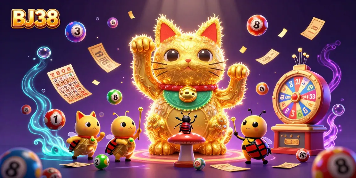 Engage in thrilling gameplay with BJ38's vibrant animated lucky cat and dynamic casino symbols.