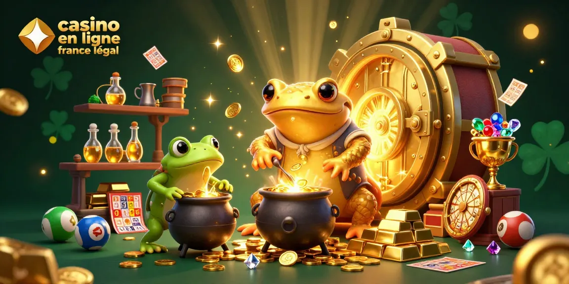 Jouer sur le casino en ligne France légal avec une illustration captivante de loteries, cartes de bingo et personnages.