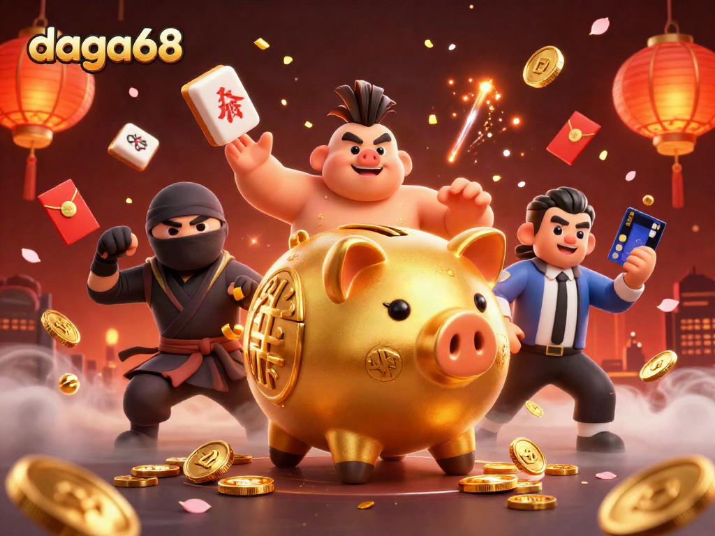 daga68 enhances the casino experience with vibrant characters in a packed, dynamic gambling scene