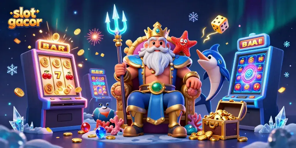 Enjoy thrilling wins with slot gacor, featuring Neptune and vibrant casino elements in a dynamic scene.