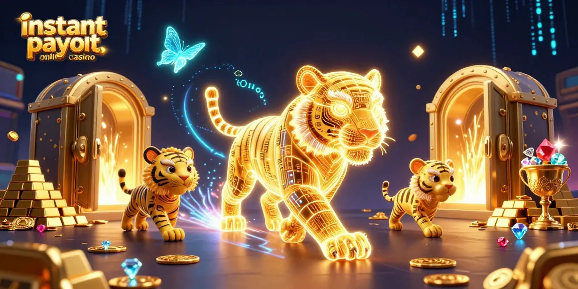 Engage with the instant payout online casino scene depicting a energetic golden tiger in a vibrant digital landscape.