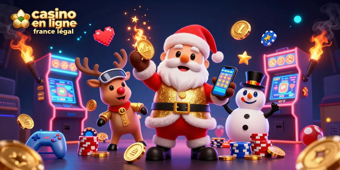 Visualisez des éléments de casino en ligne France légal avec Santa et ses amis dans une scène animée.