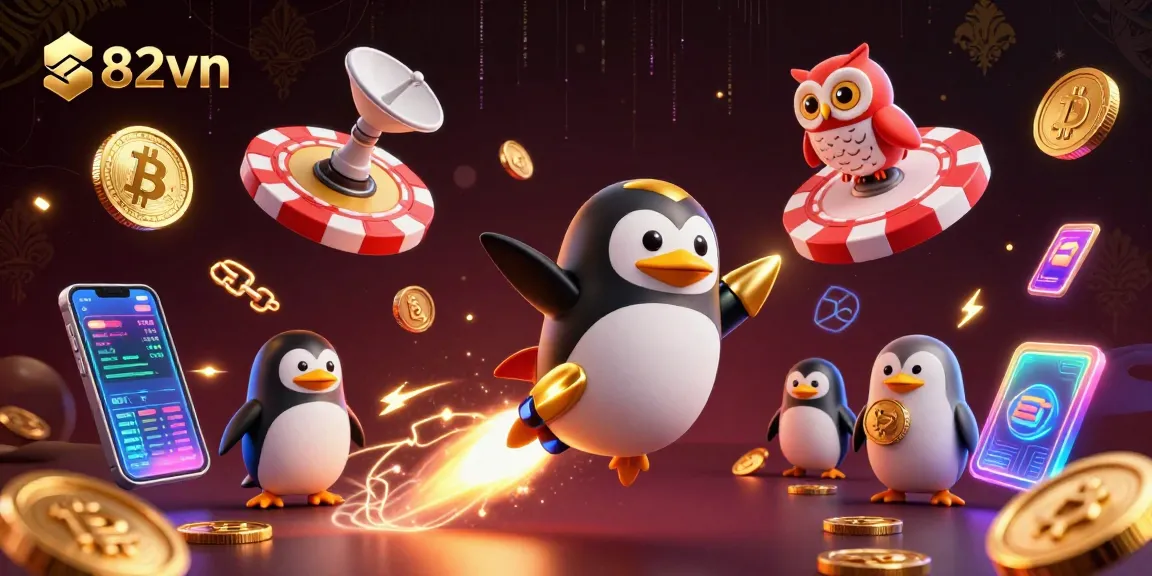 Experience the excitement of 82vn's casino space with golden coins and dynamic characters.