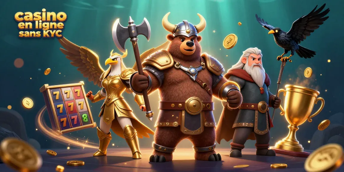 Profitez de l'expérience de jeu avec casino en ligne sans KYC, illustrant un ours viking et une aigle valkyrie dans un cadre dynamique.