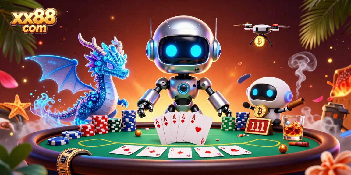 Experience exciting poker action at xx88 com with a dynamic 3D scene featuring robot mascots and poker elements.