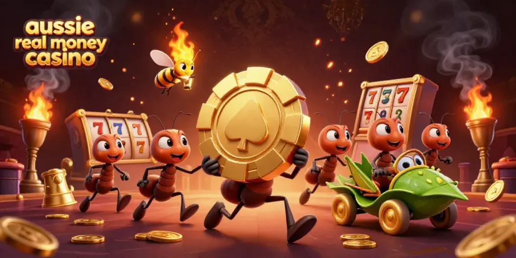 Experience exciting gameplay at the aussie real money casino with animated characters and vibrant casino elements.