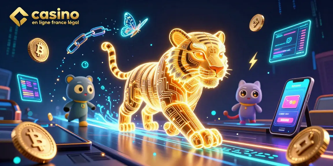 Visualisez le casino en ligne France légal avec un tigre doré en lumière, des pièces crypto et une ambiance dynamique.