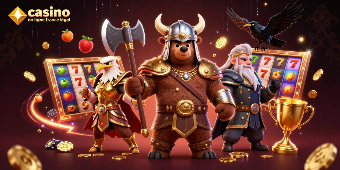 Machines à sous impressionnantes et ourson viking se lançant dans le jeu au casino en ligne légal en France