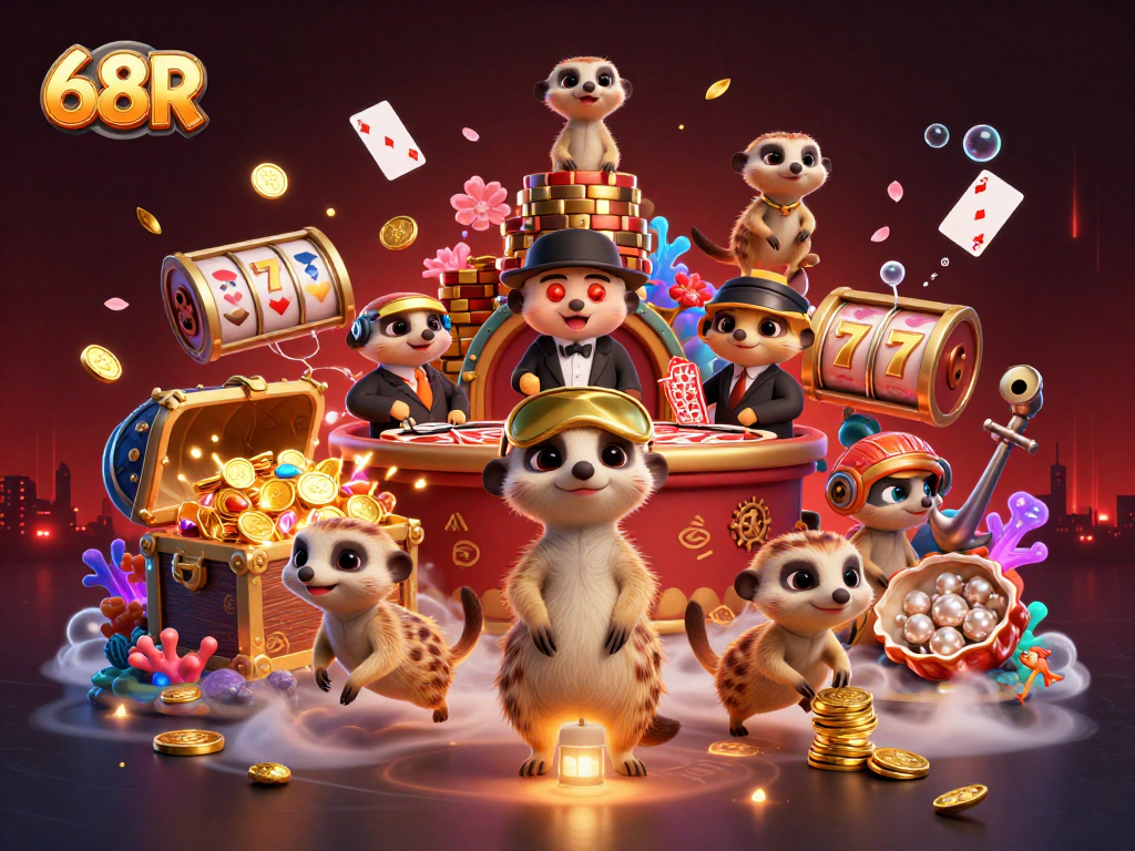 Os meerkats do cassino 68R jogam com fichas em um ambiente vibrante e repleto de tesouros.