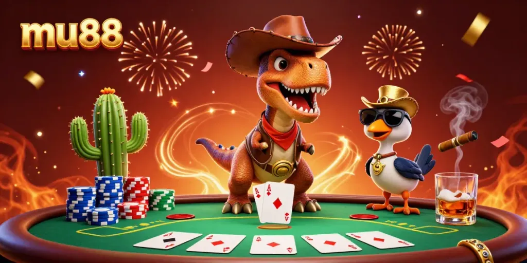 Experience the thrill of mu88 with cartoon characters playing poker under celebration confetti.