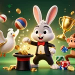 Experience the thrill of Win88 with a magician rabbit, glamorous dove, and mischievous monkey in a vibrant casino scene.