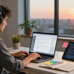 Content creator using AI writing tools for enhanced productivity in a modern workspace.