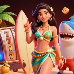 Hit the jackpot with thrilling slot games in a vibrant casino scene featuring a tropical atmosphere.