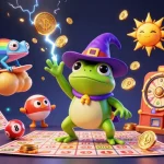 Experience exciting lottery wins with lode as a wizard frog creates gold coin storms and colorful lottery elements.