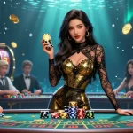 Engage with Hit Club casino excitement, showcasing an Asian woman at a high-stakes baccarat table with golden chips.