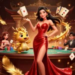 Engage with the thrill of ao88 as a confident Asian woman showcases her winning cards in a vibrant casino scene.