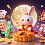 Experience situs slot excitement with a 3D moon rabbit revealing poker chips while showcasing vibrant casino elements in the sky.