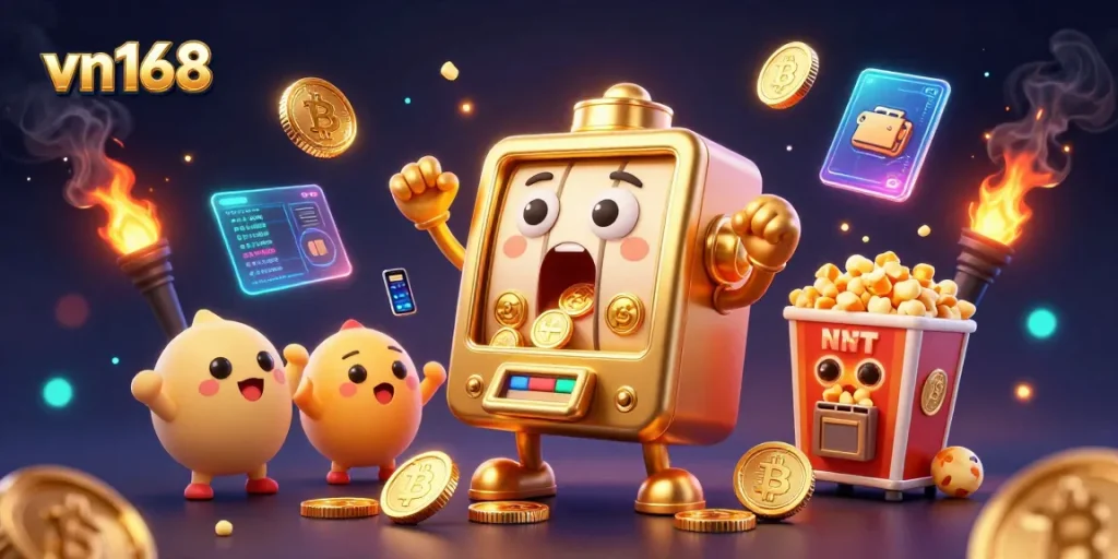 Experience the excitement at vn168 with a jackpot moment from a golden slot machine and cheering companions.