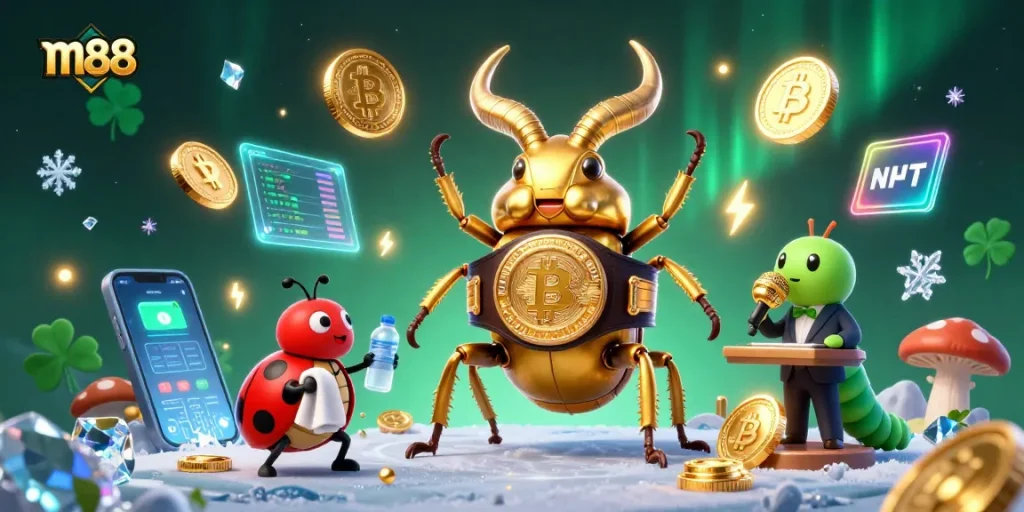 Experience thrilling m88 gambling battles in a vibrant 3D illustration featuring unique characters and crypto elements.