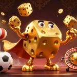 Experience ไฮโล excitement with a dynamic golden dice golem juggling in a vibrant casino scene.