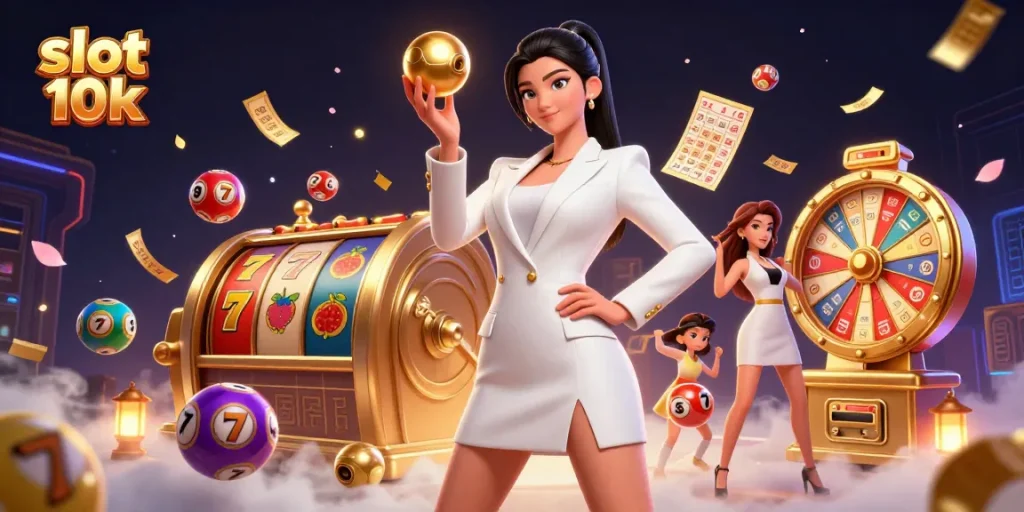Experience slot 10k excitement with a stunning casino illustration featuring dynamic games and a confident player.