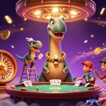 Experience hitclub’s vibrant casino atmosphere with a playful dinosaur and dynamic game elements.