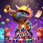 Ce visuel représente le meilleur casino en ligne avec un triceratops en train de bâtir des jetons de poker, célébrant un jackpot.