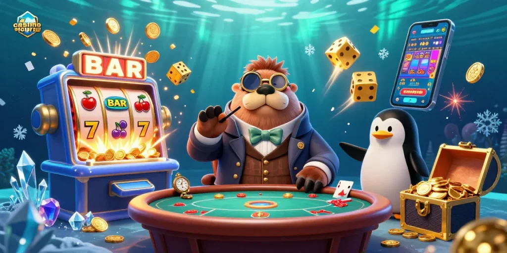 Gioca ai migliori casino sicuri non AAMS con un'immagine vivace di tricheco, pinguino e pesce puffer.