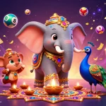 The kobe casino scene features a colorful lottery theme with elephants, peacocks, and bouncing balls.