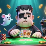 Engage in thrilling gameplay with Nk88 as a cartoon bulldog dealer and mystical kitten in a vibrant casino scene.