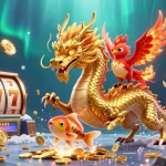 Engage with slot gacor through this vibrant 3D illustration featuring a dragon, phoenix, and koi fish.