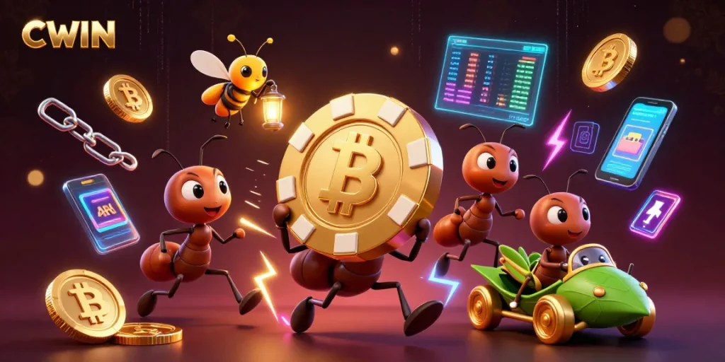 CWIN players embark on a thrilling adventure, carrying a giant poker chip in a lively heist scene.