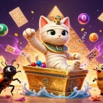 Experience the excitement of vipwin with the Egyptian mummy cat bursting out of a golden sarcophagus while lottery balls rain down.