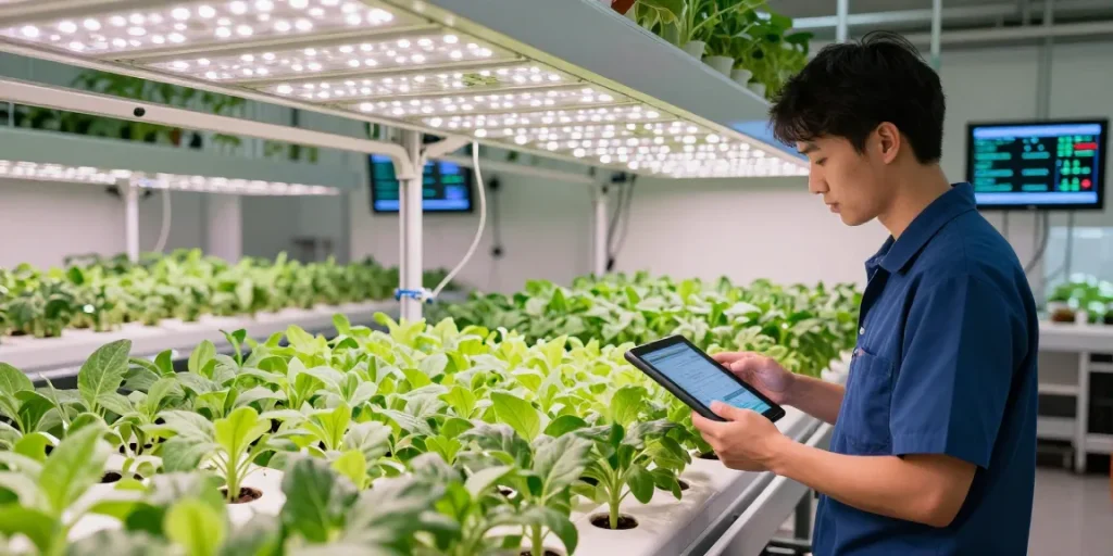 Technician monitoring cika4d slot in modern indoor agriculture facility with optimal plant growth.