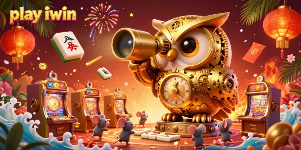 Play iwin in vibrant casino scenes featuring a clockwork owl and dynamic gameplay elements.