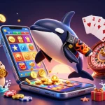 OKWIN players enjoying thrilling gambling with cartoon orca, stingray, and otters surrounded by vibrant casino elements.