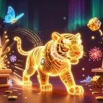 Scopri nuovi casino italiani con il tigre dorato e slot machine esplosiva in un'illustrazione vibrante.