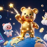 Mejores casinos online España: ilustración de un oso constelado recogiendo monedas mientras comparte el cielo con otros elementos de juego.