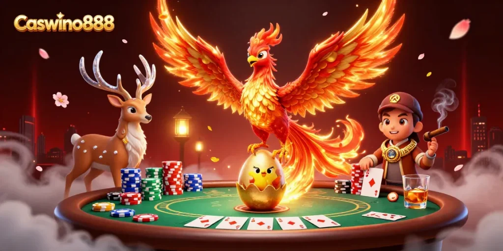 Experience the vibrant Caswino888 casino scene with mythical creatures and poker elements.