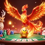 Experience the vibrant Caswino888 casino scene with mythical creatures and poker elements.