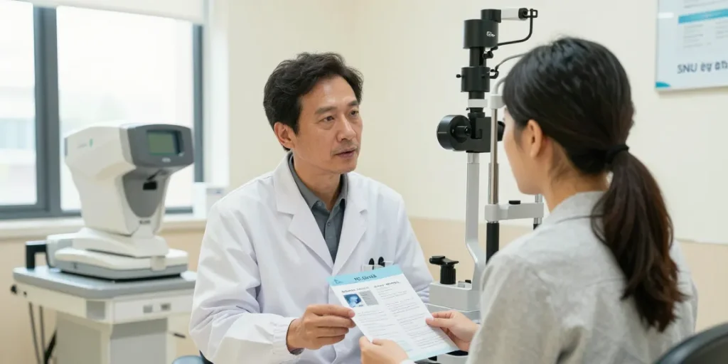 Doctor discussing ICL/Toric ICL procedures at snuseoulglobal.com/id in a bright eye clinic.