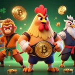 Engage with OKFUN's vibrant casino scene, featuring a Muay Thai rooster and slot symbols amidst colorful gaming elements.