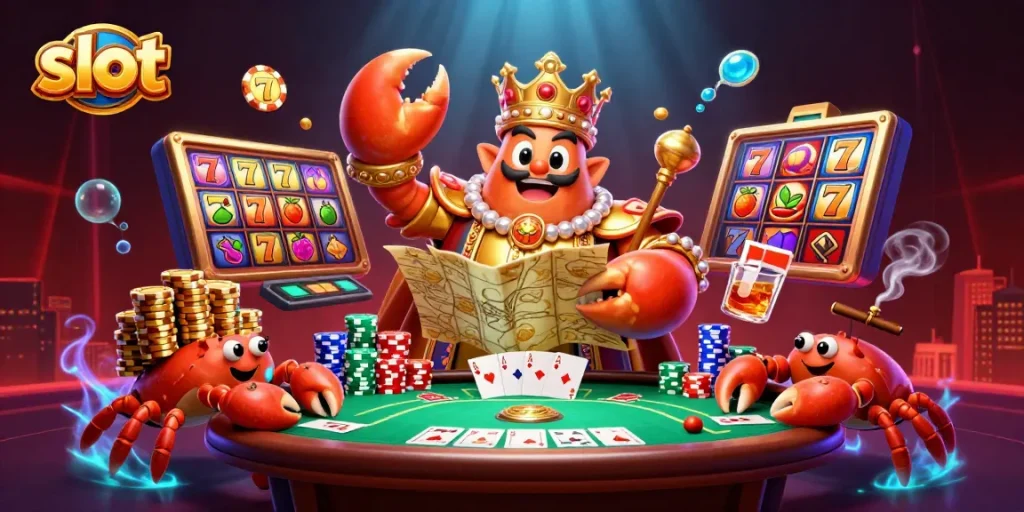 Spin slot reels with vibrant lucky 7s and golden crab emperor, showcasing exciting gameplay.