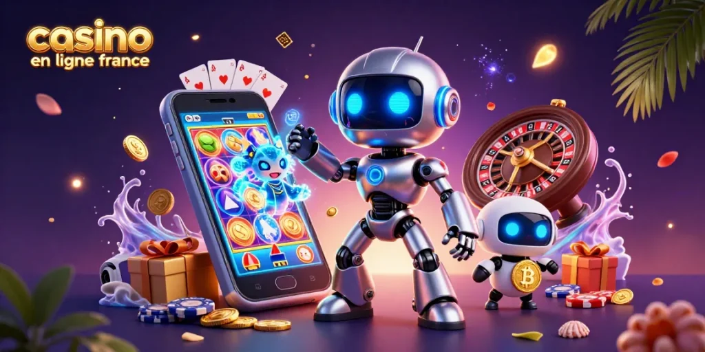 Jouez à des jeux captivants sur casino en ligne France avec des illustrations dynamiques d'un robot cyborg et un dragon holographique.