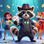 Experience thrilling slots action with 007WIN featuring a raccoon, fox lady, and bouncer in a dynamic casino scene.