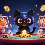 Casino en ligne France : chat noir gravitationnel et renard nébuleux attirant des jetons d'or.